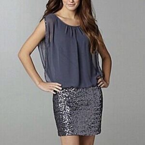 Aidan By Aidan Mattox Sleeveless Chiffon Blouson Sequin Mini Dress US 2 Gunmetal